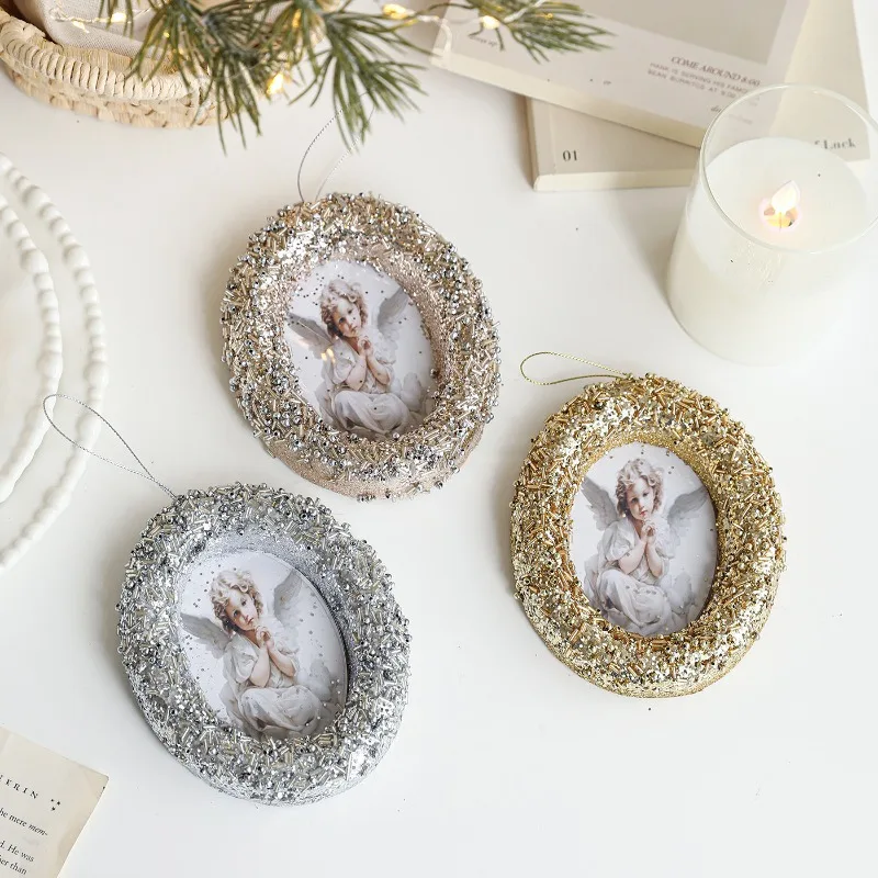 Handmade Sequins Photo Frame Pendant Oval Square Gold Silver Decor For Christmas Tree Window Household Holiday Ornaments