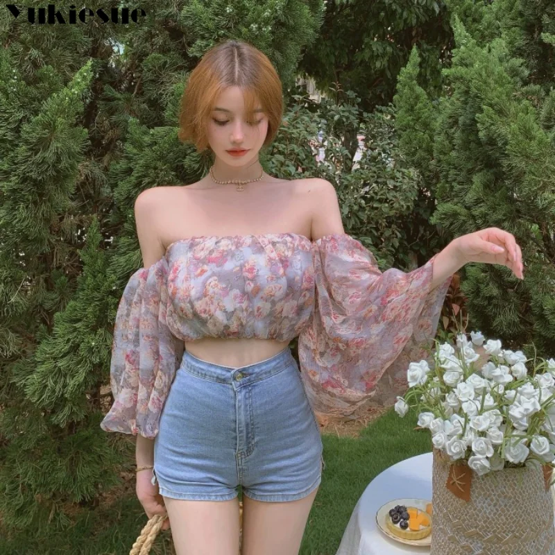 Summer Slash Neck Casual Butterfly-sleeve Party Tops Crop Floral New Blouse Women Sexy Sweet Trendy Feminine Maiden Off Shoulder