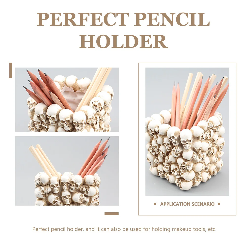 Skull Pen Organizer Makeup Brush Bucket Creative Horror Decor Desktop Pen Container Skull Brush Pot Desktop Storage Bucket