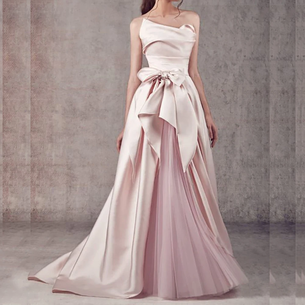 Pink Strapless Organza Prom Dresses Bow Sleeveless Chapel Train A-Line Gowns Elegant Women Luxury Evening Dress For Formal Party