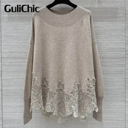 10.4 GuliChic Women Fashion Cashmere Lace Print Applique Knitwear Elegant Temperament Solid Color Long Sleeve Sweater