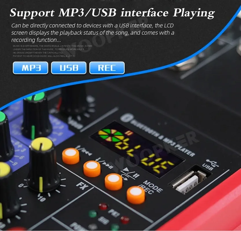 Mini Dj Mixer with UHF Wireless Microphone 4 Channel Four-Channel Audio Bluetooth USB 48V Phantom Power Suitable Recording
