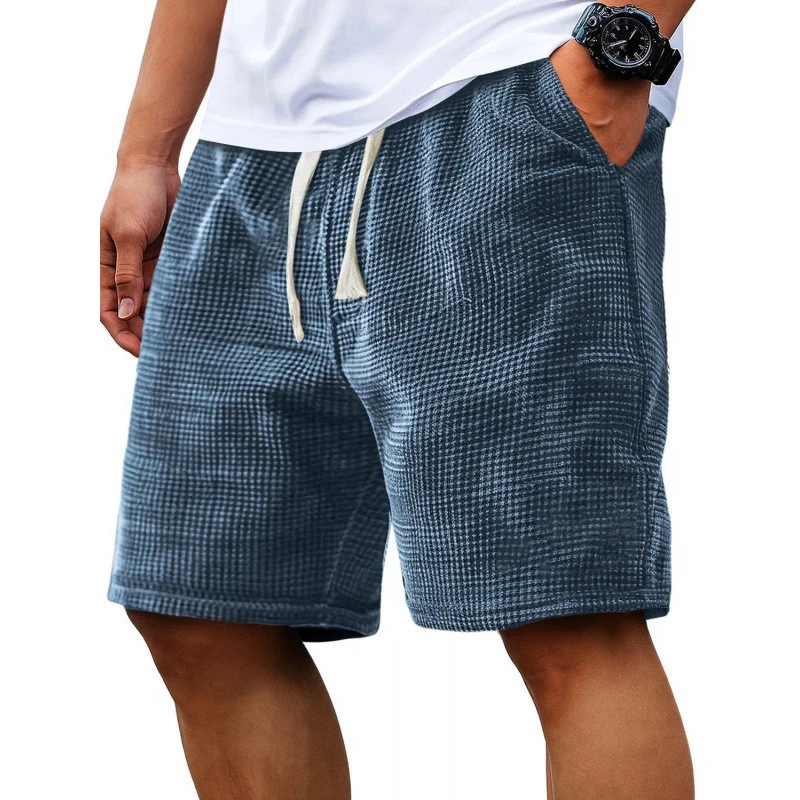 2024 Men's Shorts Solid Color Mid Waist Summer Sports Waffle Texture Drawstring Men's Shorts Loose Knee length Casual Shorts