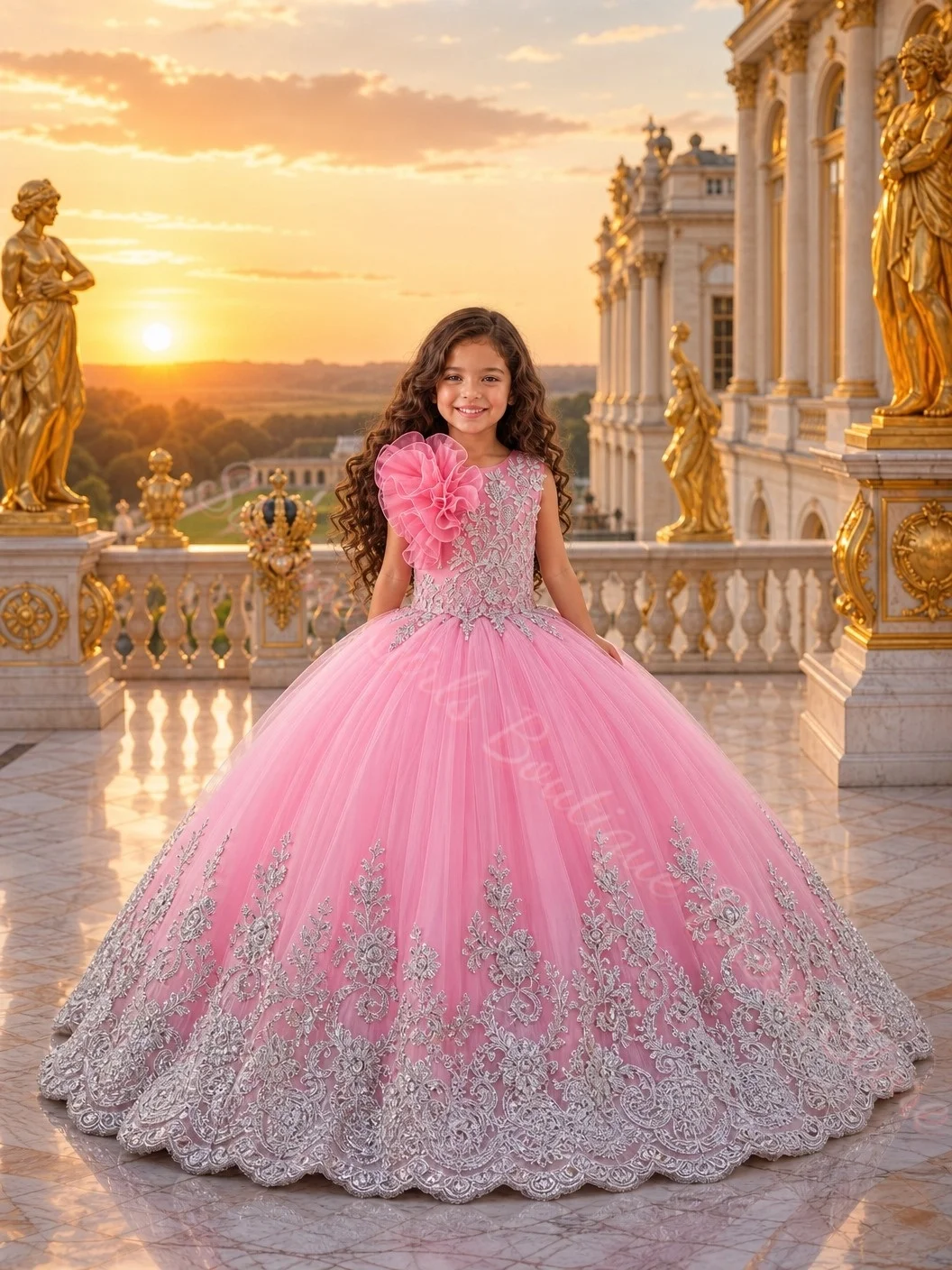 Custom Flower Girls Dress Pink Tulle Fluffy Quality Lace Applique With Long Tail For Kid Wedding Birthday Party Evening Gowns
