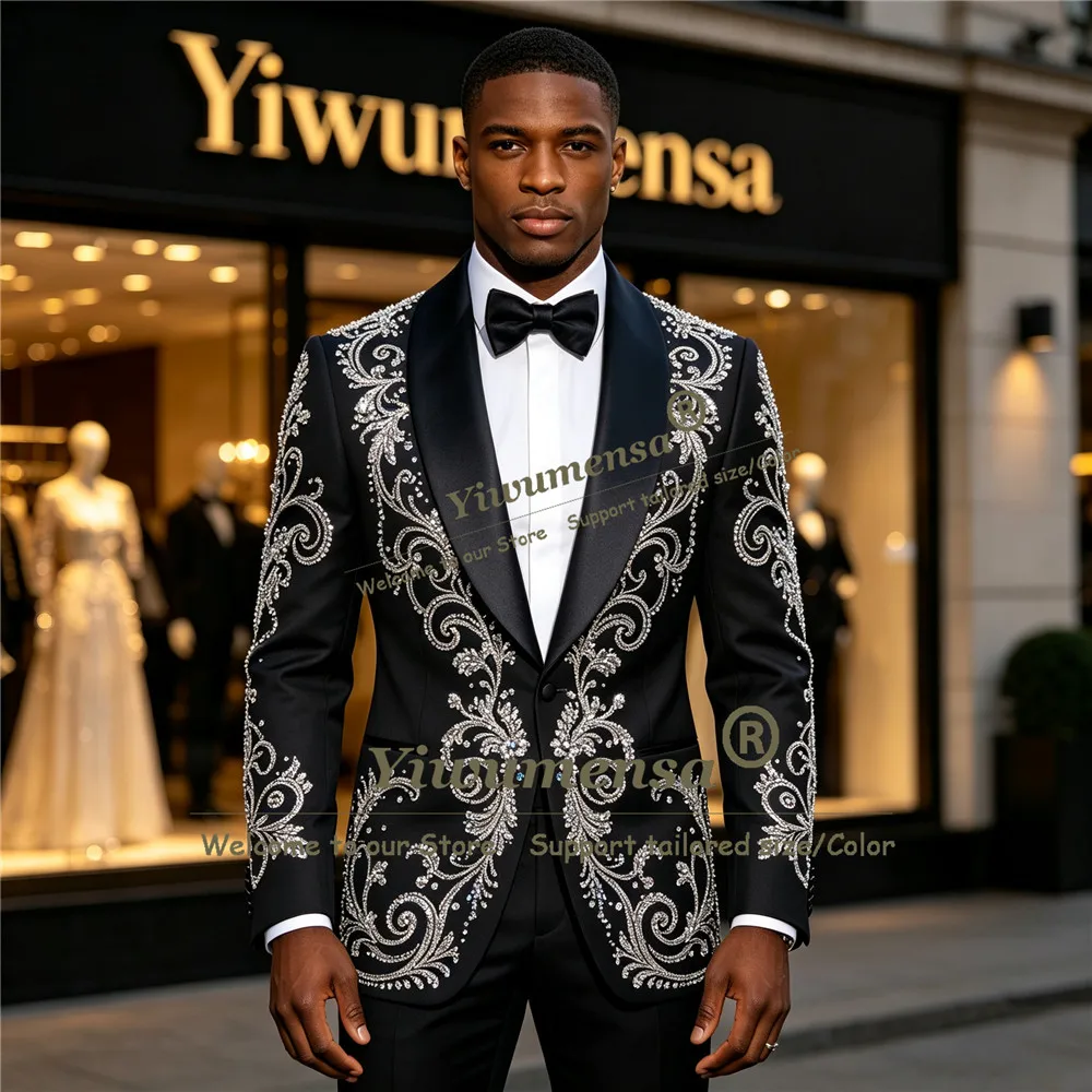 Traje de Esmoquin para Hombre con Pedrería Metálica Brillante, Corte Ajustado, Solapa de Chal, Blazer para Baile de Gala, Ropa de Novio Personalizada, Atuendo de Boda de Lujo