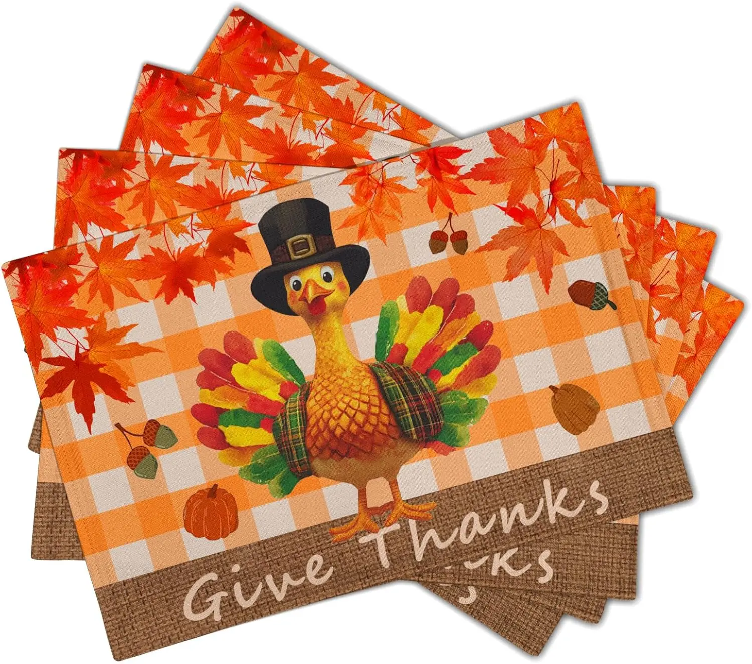 Thanksgiving Placemats Set Of 4, Give Thanks Turkey Place Mat With Orange Bufflao Plaids, Fall Autumn Maple Leaf Pumpkins