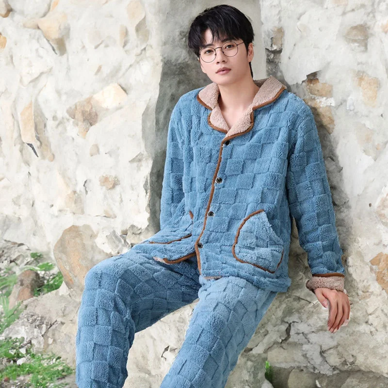 

Winter Thickened Pajamas For Men Coral Fleece Sleepwear Sets Warm Long Sleeve Trousers Jacquard Cardigan Nightwear Homewear