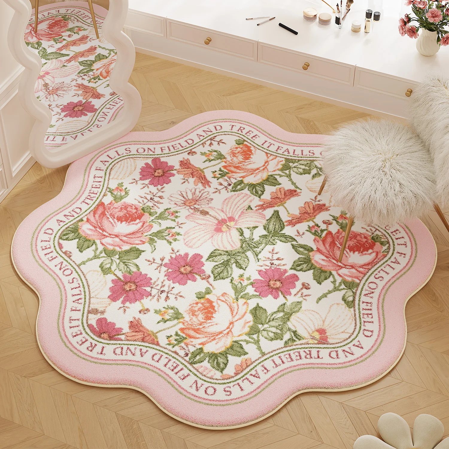 Flower Pattern Bedroom Decor Pink Carpet Fluffy Soft Carpets for Living Room Thick Plush Cloakroom Floor Mat Irregular Shape Rug
