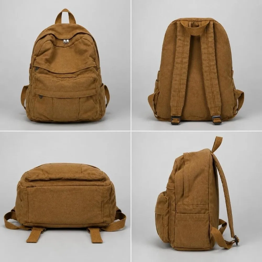 Vintage Large Capacity Canvas Backpack Multi-Pocket Wear-resistant Laptop Backpack Lightweight Solid Color Students School Bag