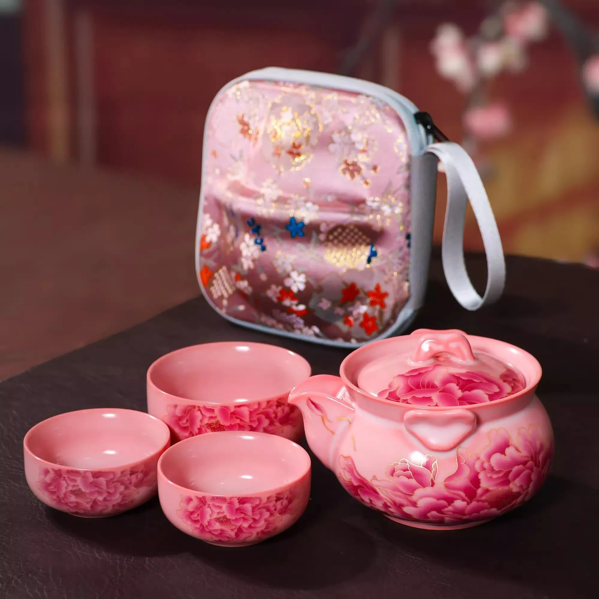 Pink Ru Kiln Lard Jelly Peony Travel Tea Set Quick Guest Cup One Pot and Three Cups Outdoor Portable Kung Fu Tea Set