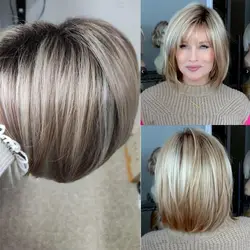 Weiche Mama-Synthetik-Perücke mit Pony, kurze blonde Bob-Perücken für Frauen, schwarze Wurzeln, gerades Ombre-Bob-Haar, tägliche Party