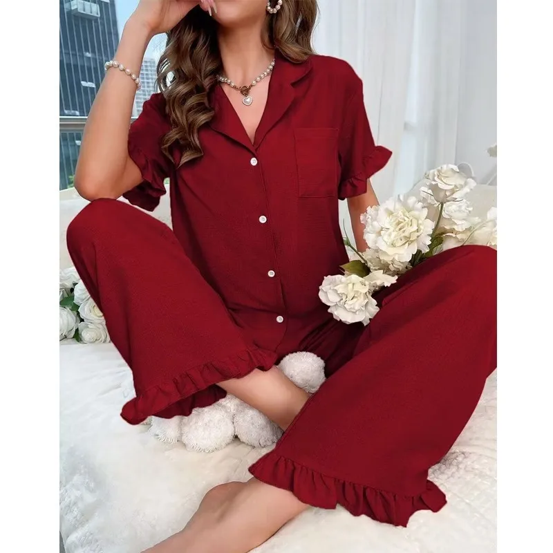 

2pcs Set Lapel Lace Pajamas Set for Women, Spring and Summer Short-sleeved Trousers Home Wear, Solid Color Home Wear Set