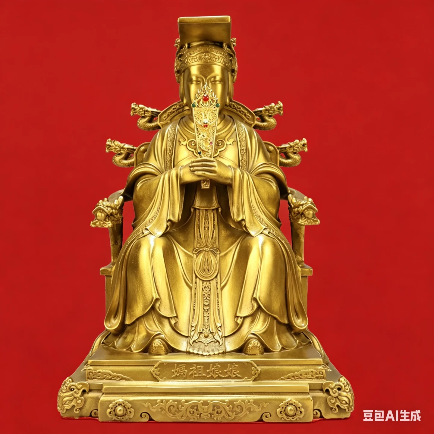 Old Brass Mazu Goddess Dragon Throne Mazu Sitting statue Haihe Immortal Study screen Amass wealth Ornaments