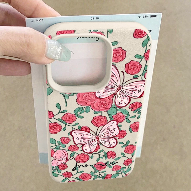 Romantische Gartenmuster-Handyhülle für iPhone Air 17, 16e, 16, 15, 14 Pro Max, 13, 12 Pro 11, Lederstruktur, TPU, stoßfest, weiche Abdeckung