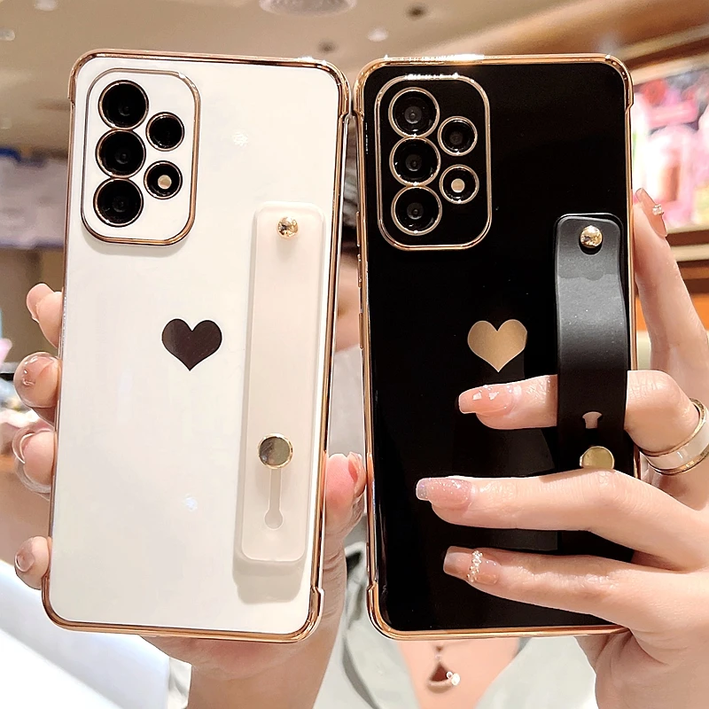 Luxury Love Heart Phone Case For Samsung Galaxy A13 A53 A12 A52 S 4G 5G S20 FE S22 S21 Ultra S22 Plus A23 A33 Wrist Strap Cover