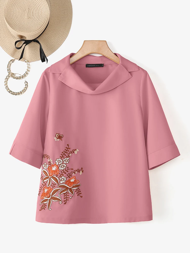 

ZANZEA женские блузки с цветочной вышивкой, повседневная блузка с отложным воротником и половиной рукавов, лето 2024, свободная уютная повседневная одежда, S-3XL