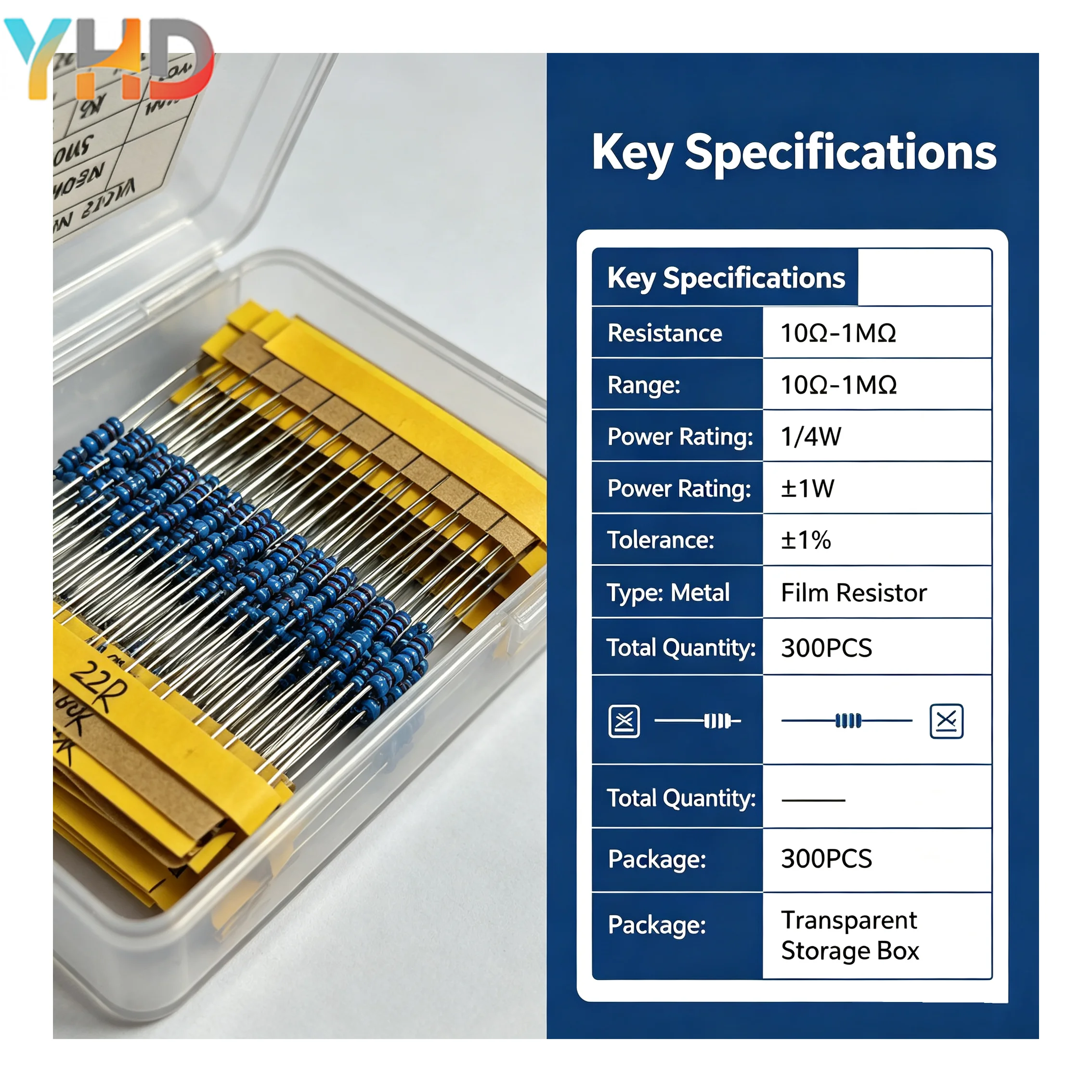300PCS 1/4W Metal Film Resistor Assortment 1% Tolerance 10R-1M Ohm 30 Values Through Hole Resistors for DIY Circuit Repair