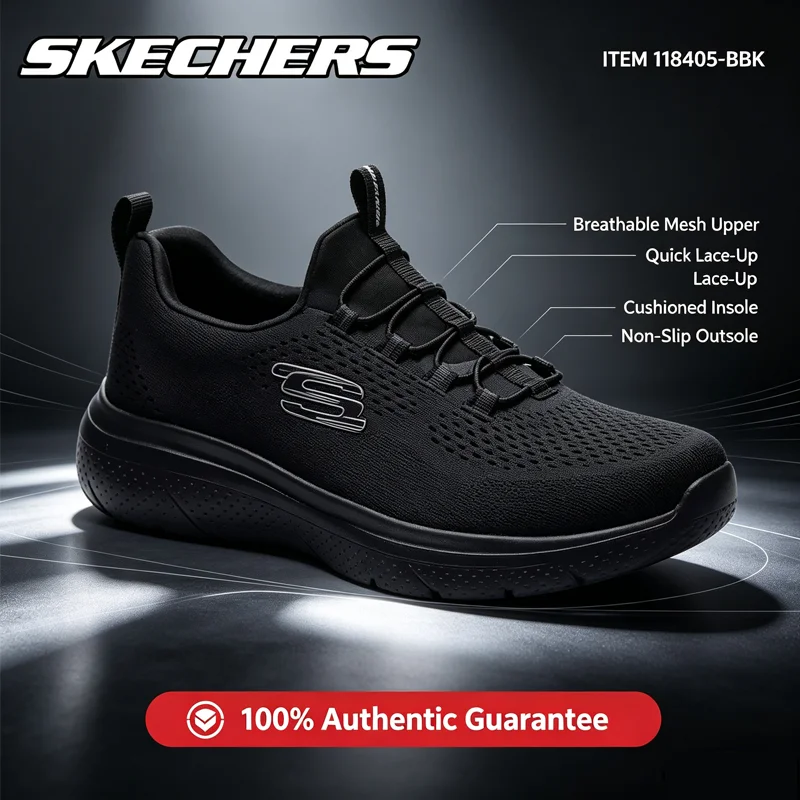 Skechers Men Running Shoes 8790439-BBK Full Black Breathable Mesh Slip On Light Cushion Comfort Walking Athletic Sneakers
