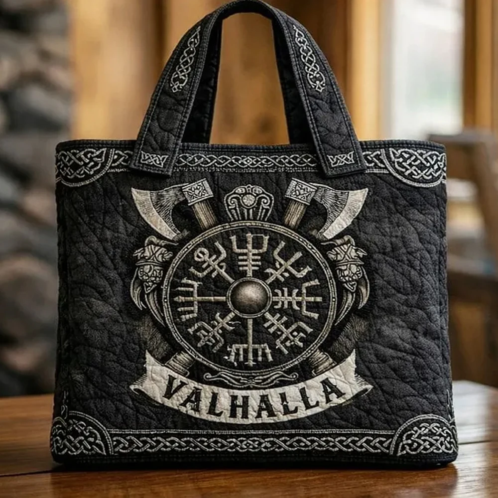 Norse Viking Valhalla Print Quilted Tote Women Daily Shoulder Bag Vintage Patchwork Handbag For Shopping