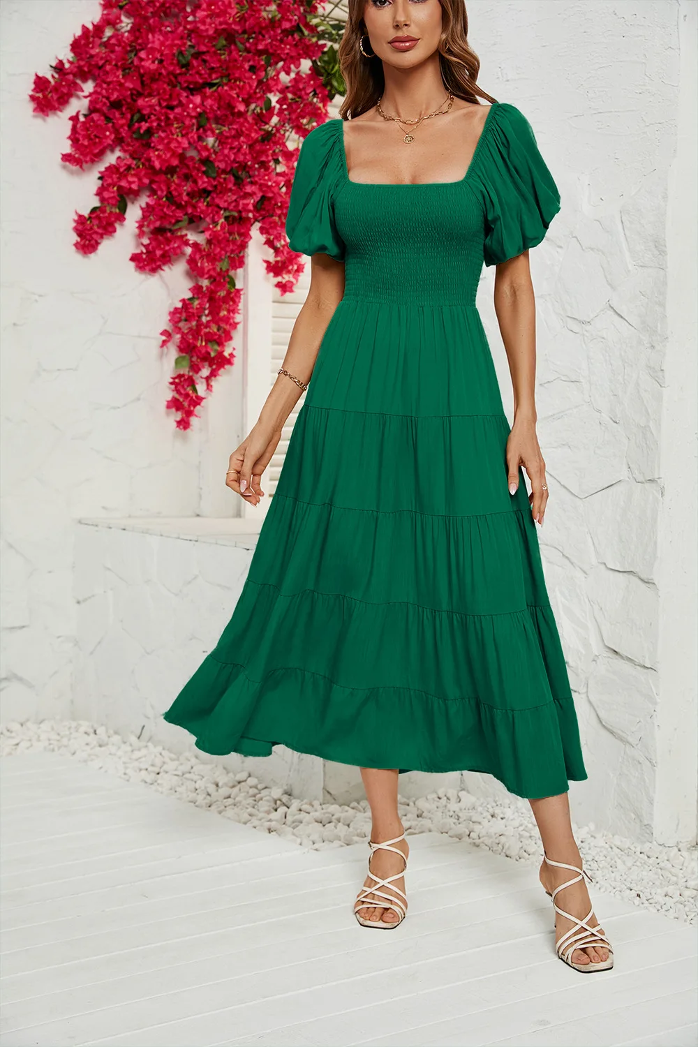 2023 European and American women's summer solid color high waist bubble sleeve waist dress women