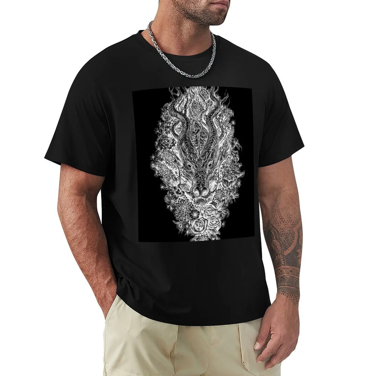 

Dark Dragon in the Flowers T-Shirt plus size tops Luxury man anime stuff shirts men graphic