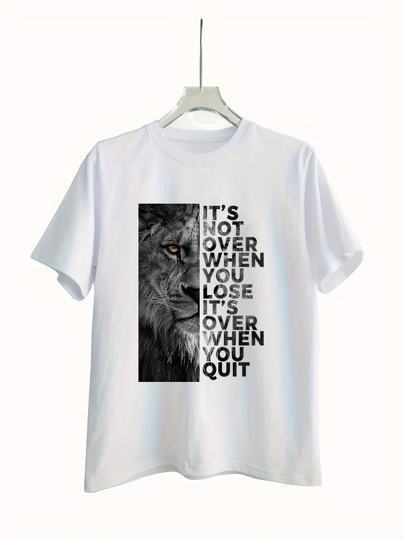 Casual Slightly Stretch Breathable Top For Outdoor Men's Stylish Lion & Letter Print T-shirt,