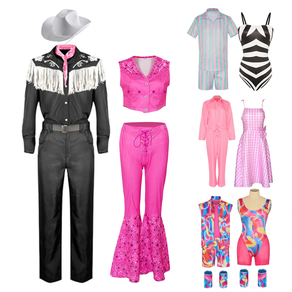 

2023 Movie Barbi Costume Cowgirl Outfit 70s 80s Hippie Disco Ken Costume Pink Flare Pant Halloween Cosplay For Women Men Girls