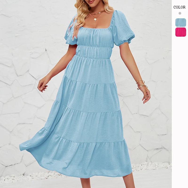 HMR-Summer Leisure Vacation Sundress, Square Collar, Puff Sleeve, High Waist Crimp, Elegant A Font Length, Sundress