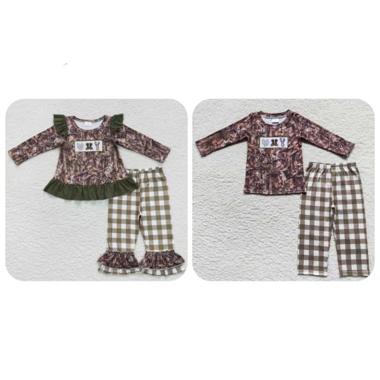 

Toddler Kids Camo Outfit Baby Boy Girl Long Sleeves turkey Deer Embroidery Pullover T-shirts Children Pants Hunting Set Pajamas