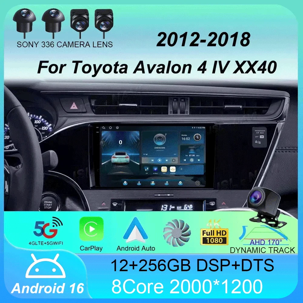 Radio samochodowe Android 16 do Toyota Avalon 4 IV XX40 2012-2018 z funkcją Auto Carplay, ekranem, Bluetooth, stereofonicznym odtwarzaczem multimedialnym i GPS.