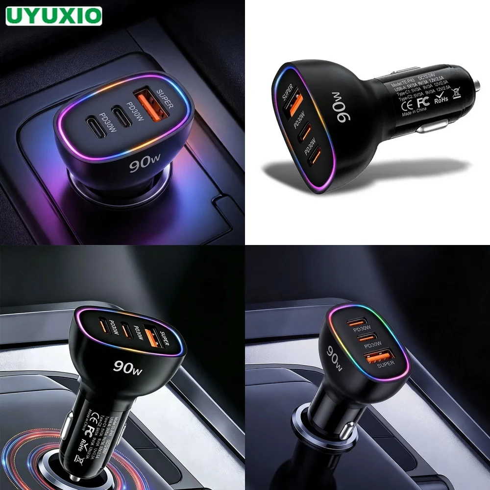 Super Fast Charging 90W Car Charger Multi Port Dual PD 30W Type C USB A 30W Power Adapter PPS QC3.0 SCP RGB Ambient Light Unit
