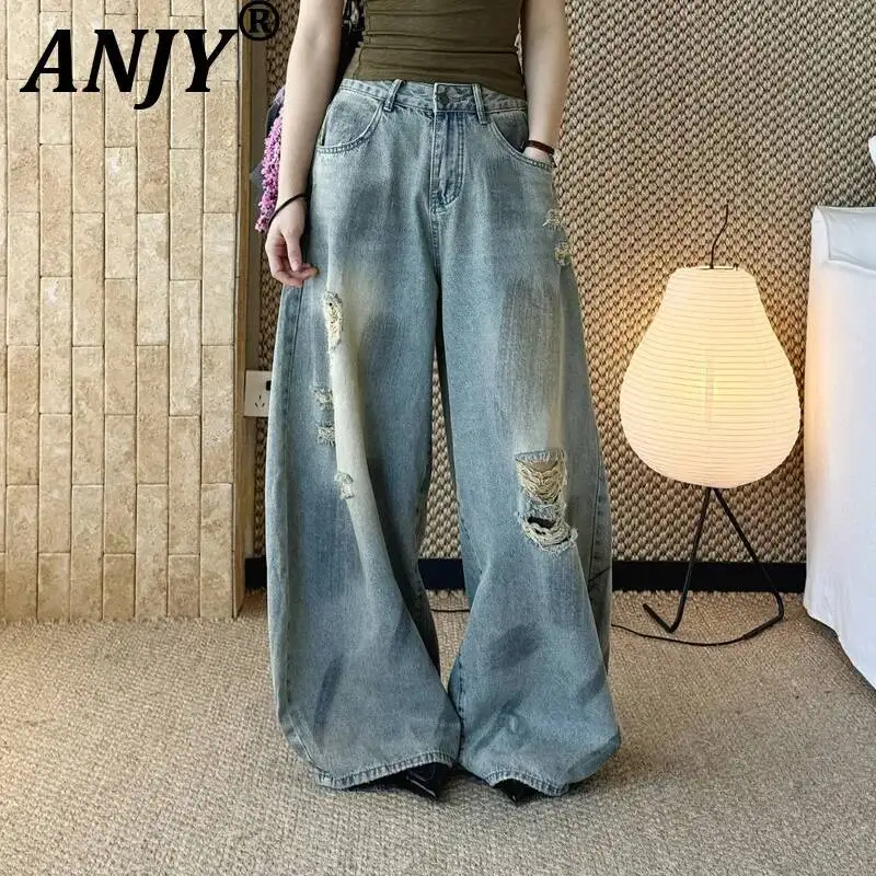 ANJY Spring Autumn New Women American Style Retro Distressed Ripped Ink Jet Denim Pants Loose Casual Niche Wide Leg Jeans A26252