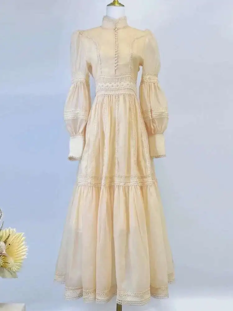 Robe de soirée Maxi en dentelle pour femmes, tenue de soirée de luxe, simple boutonnage, boutons, Patchwork, col roulé, manches longues lanterne, automne