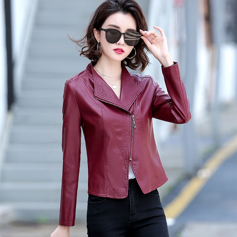 Asymmetric Zip Leather Jackets 2023 Spring and Autumn Casual Turn-down Collar Short Slim Real Sheepskin Leather Jacket Women