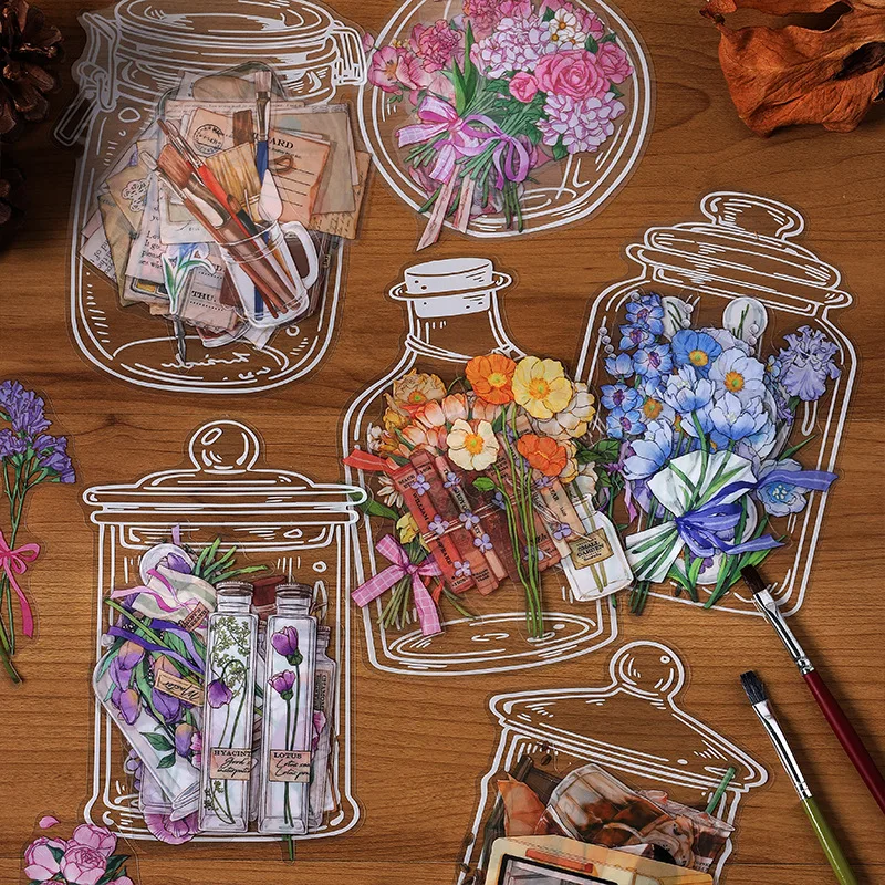 20 PCS/Pack Poetry‑Wine‑Flower‑Dream‑Tea Series PET Sticker Pack Creative Floral Plant DIY Scrapbook Journal Stickers
