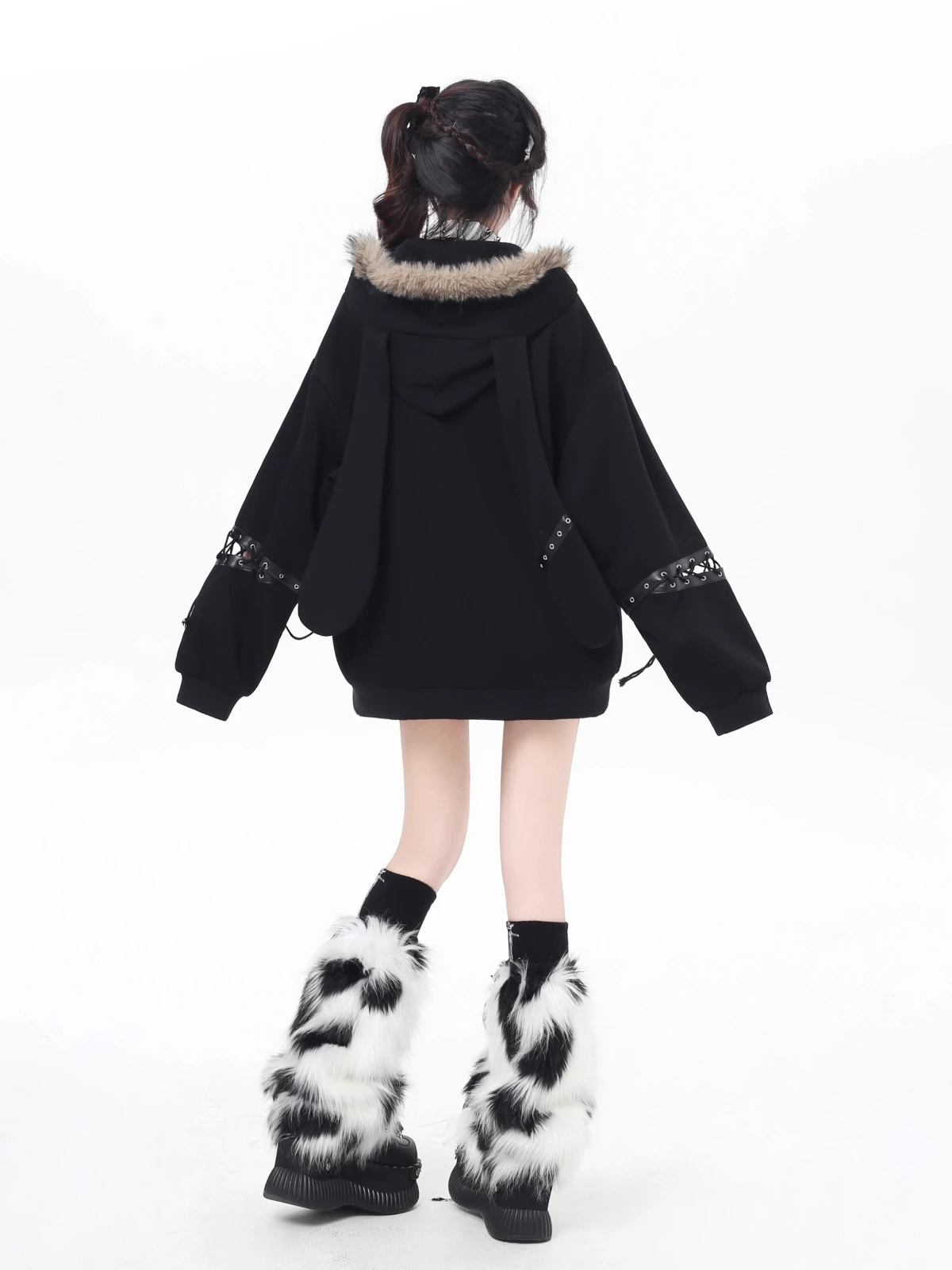 American Punk Sweet Cool Girl Fur Collar Hooded Jacket Lace-up Long Sleeve Cartoon Print Zipper Casual Sweatshirts Women Autumn