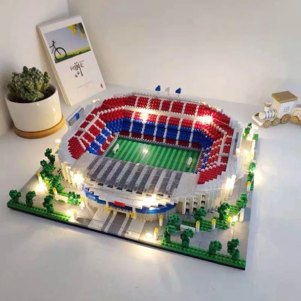 Stade de football de Barcelone, micro-blocs, mini-briques, jouets de construction architecturale, souvenir pour adultes, modèle d'affichage de terrain de football