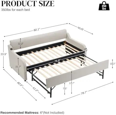 Twin Daybed with Pop-Up Trundle, USB, Twin-to-King, Linen Beige | Pop-up trundle converts the twin daybed into a