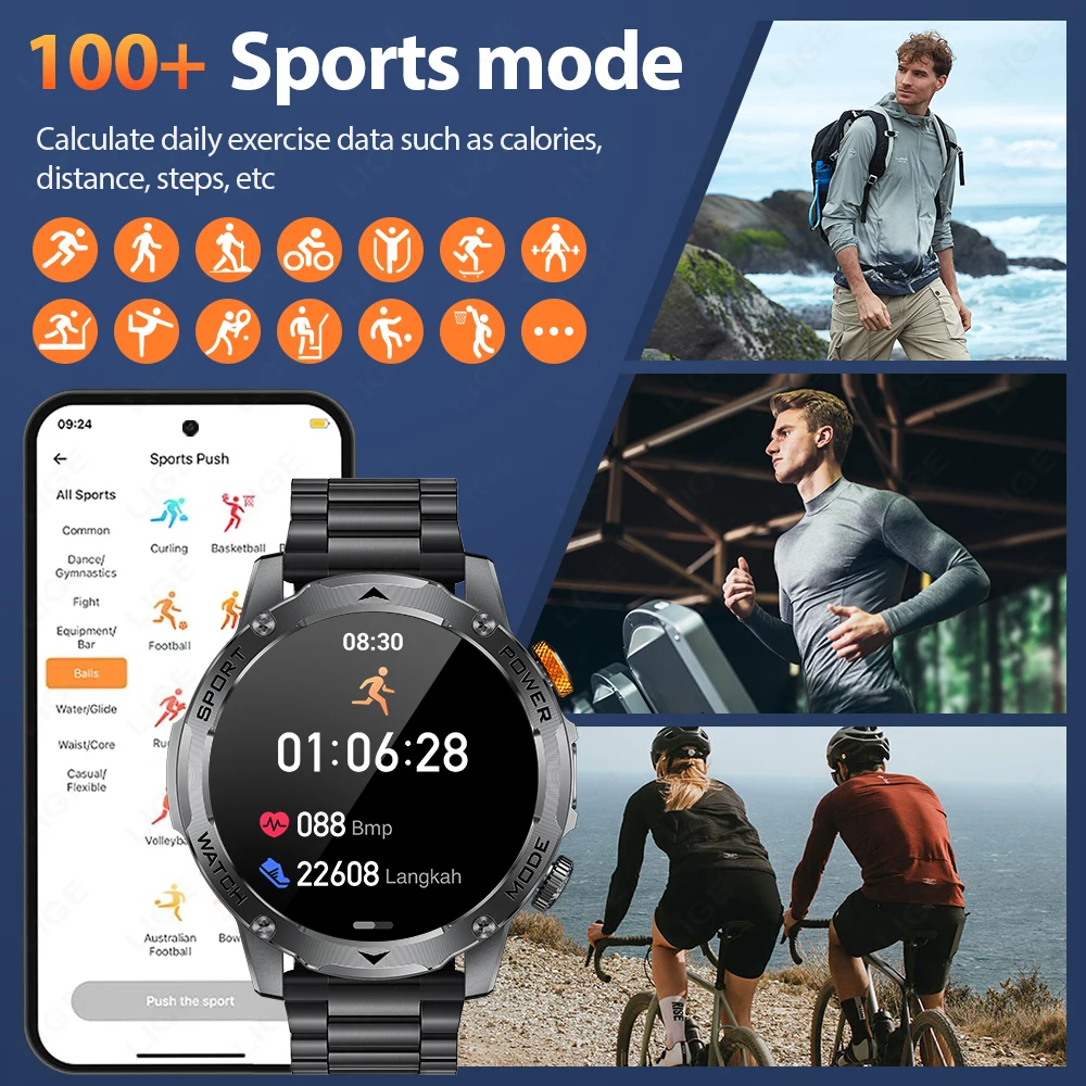 LIGE ساعة ذكية عسكرية جديدة للرجال BT Call AMOLED Smartwatch معدل ضربات القلب الأكسجين في الدم مراقبة النوم الرياضة اللياقة البدنية Smartwatches الرجال