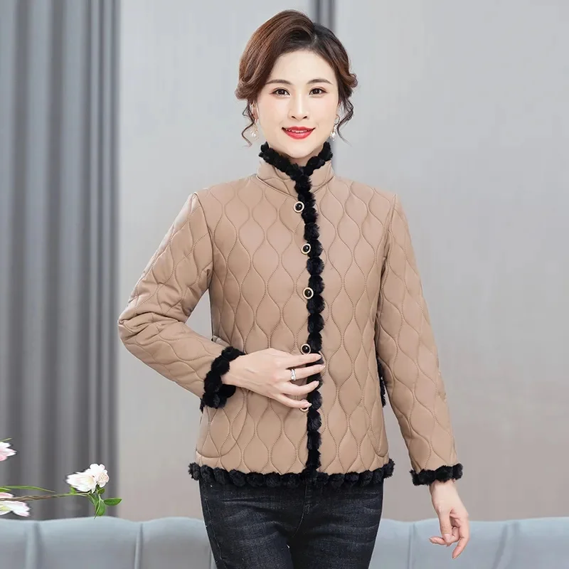 Fashion Noble Plus Velvet Padded Leather Solid Color Stand Collar Autumn Winter Jacket Leather Cotton-Padded Female Mother Coat