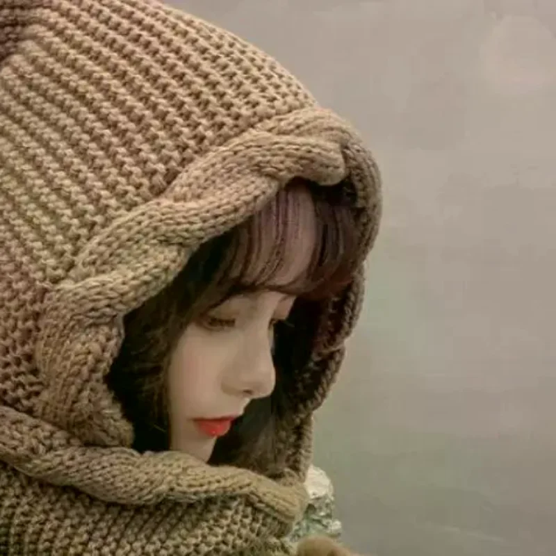 

Утолщенная вязаная шерстяная шапка, шарф с капюшоном, шапка с защитой ушей, теплые шапки, зимняя шапка и шарф, комбинированный для женщин