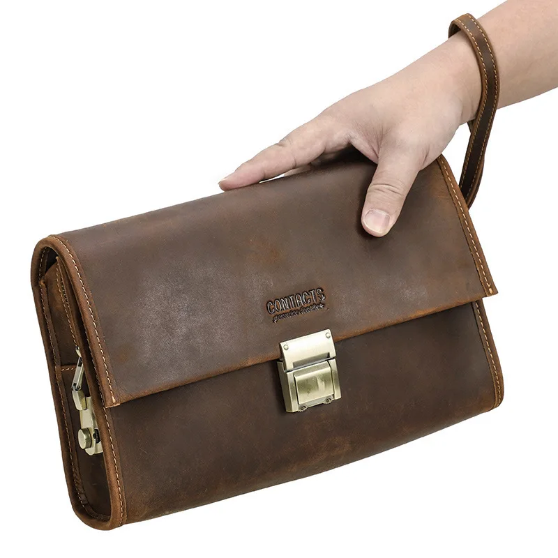British Style Top Layer Cowhide Horse Skin Password Lock Large Capacity Handheld Genuine Leather Men Storage Bag Functional Bags