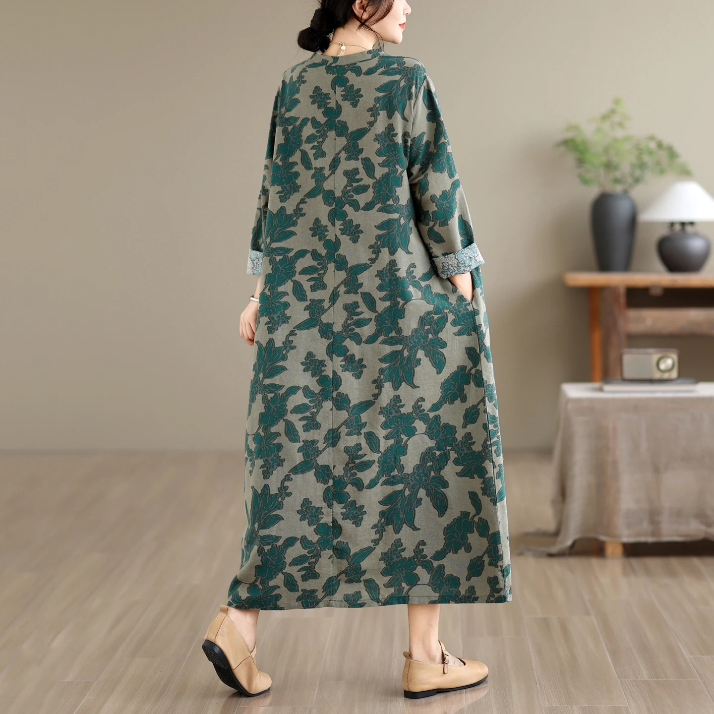 plus Size Vintage Printed Long Sleeve Loose Fitting Concealing Meat Large Size Dress Long Dress Artistic Style City Walk Cotton 4