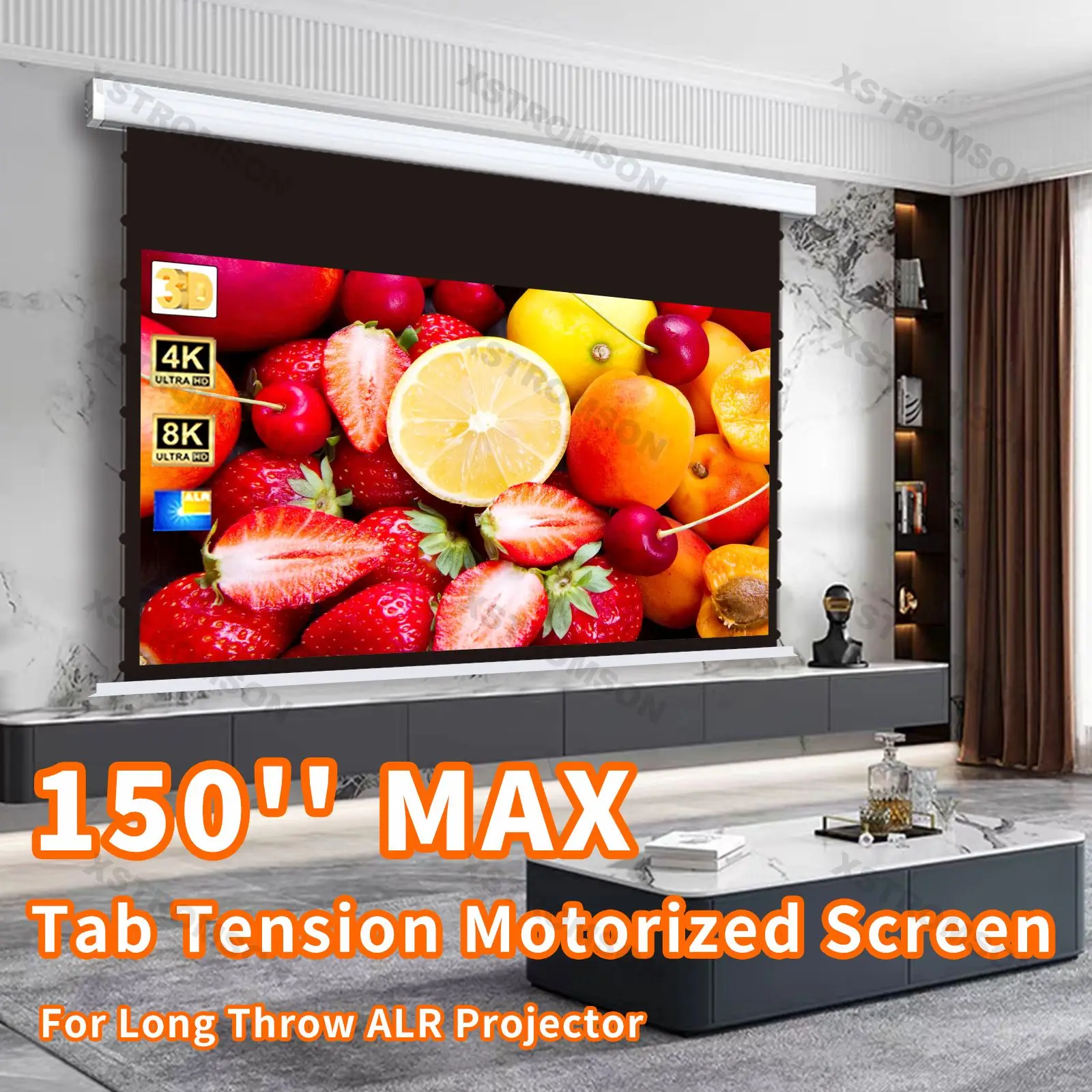 Fast Shipping 150 inch Motorized Tab-tensioned Projector Screen Ceiling  ALR 4K Projection for Standard/Long Throw Projector