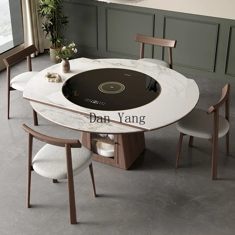 YJ rock slab retractable dining table small apartment square and round dual-purpose with induction cooker storage round