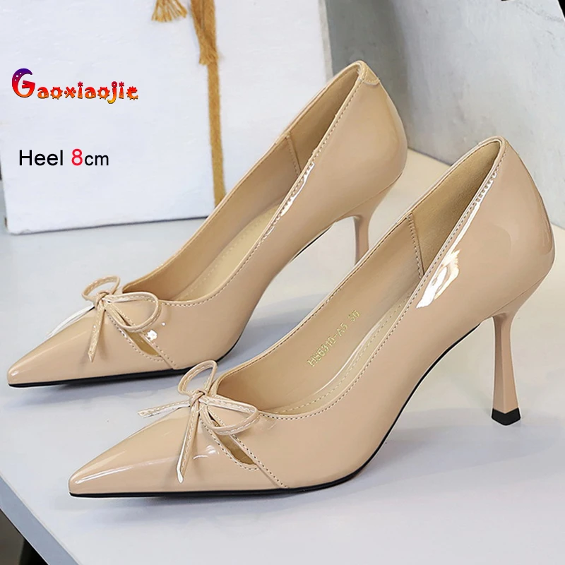 

Новая весенне-осенняя женская обувь цвета хаки с бантом из лакированной кожи с острым носком на тонком высоком каблуке 8 см, женские туфли-лодочки с неглубоким горлышком, вечерние туфли
