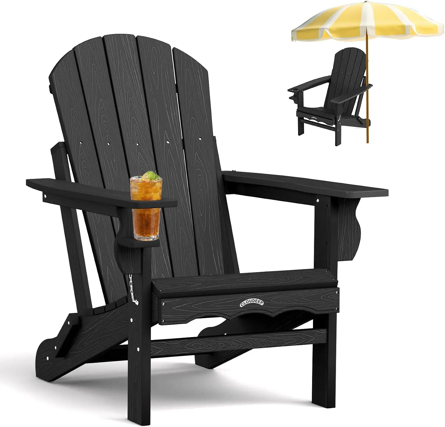Folding Adirondack Chair, 25 Year Fade Proof Outdoor Patio Chairs, All-Weather Resistant, 400 Lbs Capacity, Wooden Textured