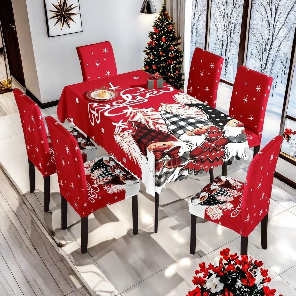 

Набор рождественских чехлов на стулья из 1/7 предметов с тремя принтами гномов, чехлами на стулья из эластичного спандекса и скатертью, моющийся рождественский подарок.