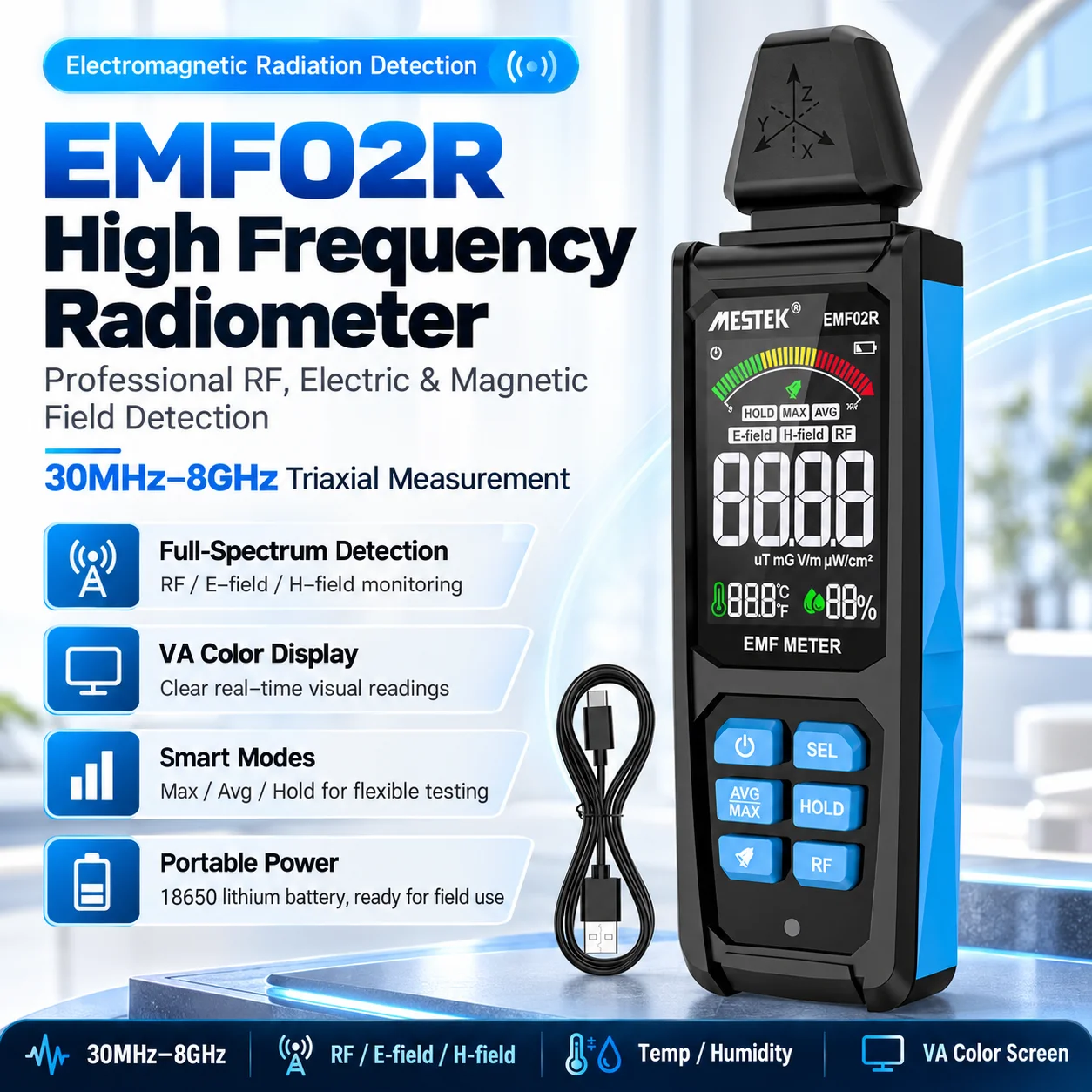 Electromagnetic Radiation Detector, EMF Meter 30-8GHz RF/Magnetic/Electric Fi...
