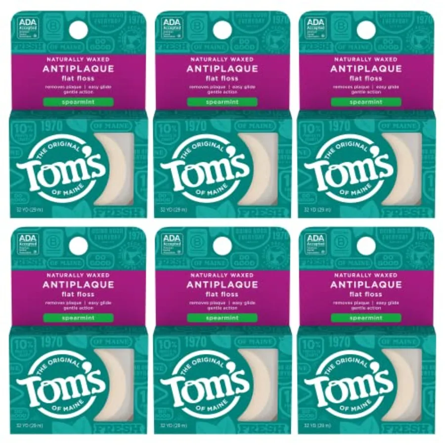 

Tom's of Maine Naturally Waxed Antiplaque Flat Dental Floss, Spearmint, 32 Yards 6-Pack Packaging May Vary